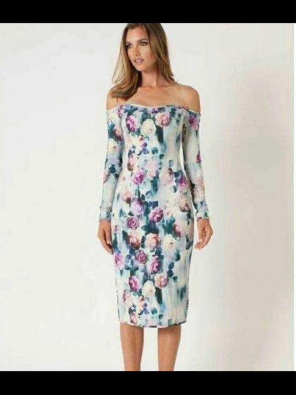 Black Halo Off-Shoulder Floral Midi Dress in White, Pink and Blue-Green
